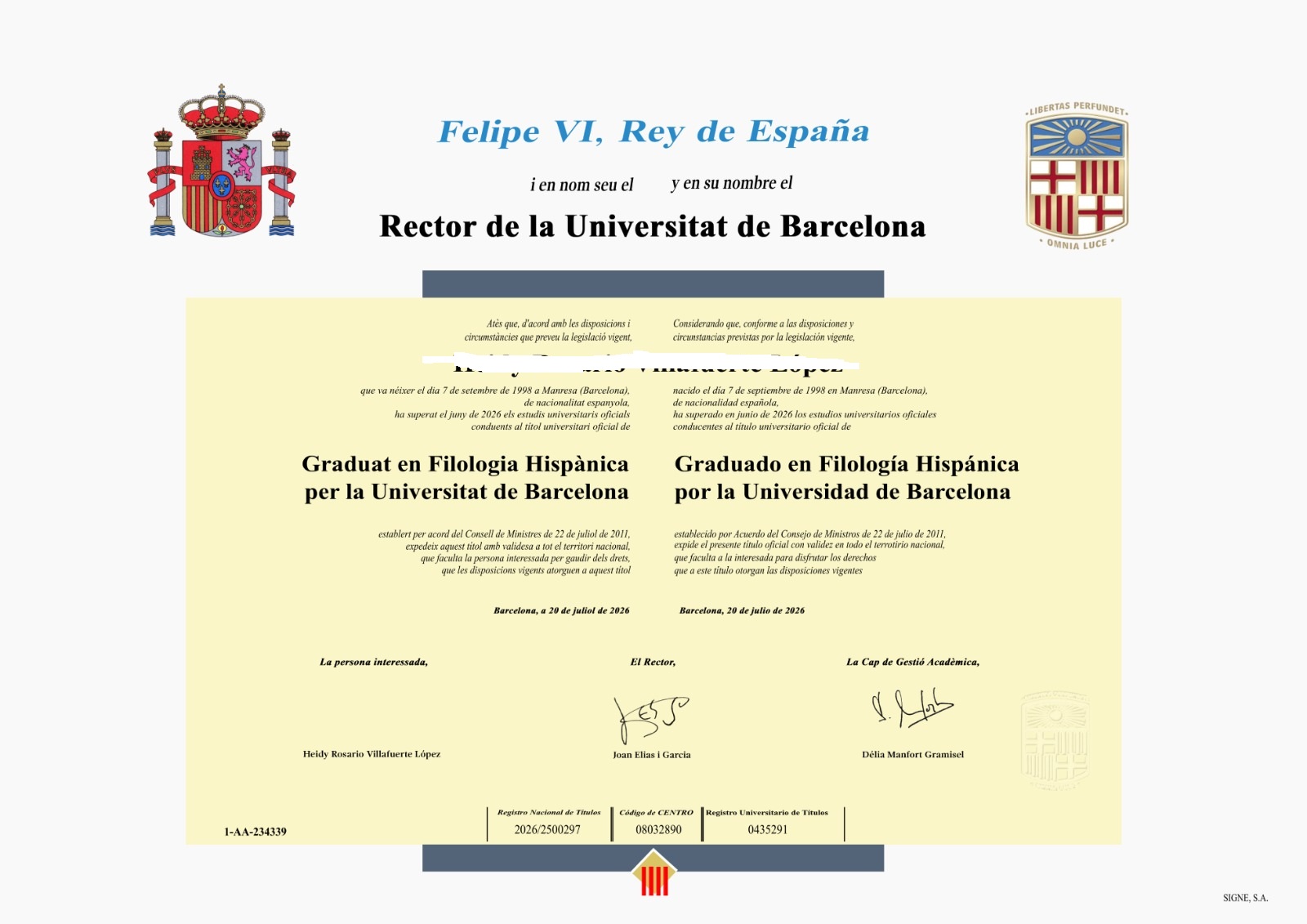 Título universitario legalizado en España